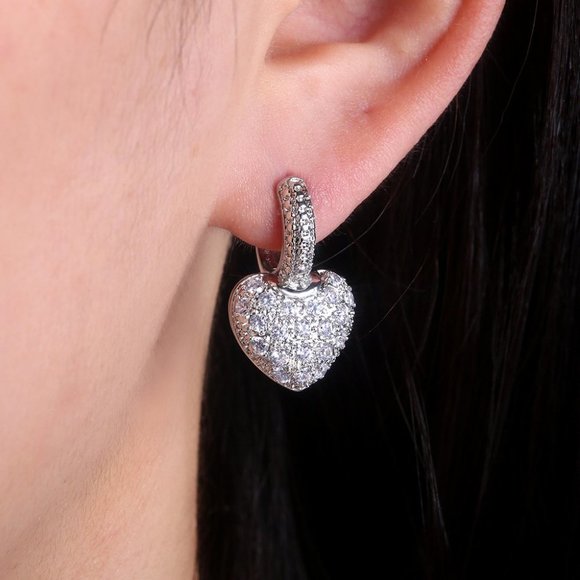 NEW Silver Pave Diamond Heart Huggie Hoop Earrings - Picture 3 of 5